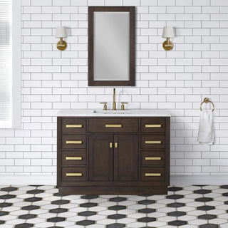 Water Creation Chestnut 48 In. Carrara White Marble Countertop with Satin Gold Pulls and Knobs Vanity Chestnut48InSGPK