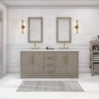 Water Creation Hugo 72 In. Carrara White Marble Countertop with Satin Gold Pulls and Knobs Vanity Hugo72InSGPK