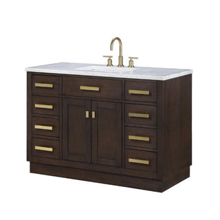 Water Creation Chestnut 48 In. Carrara White Marble Countertop with Satin Gold Pulls and Knobs Vanity Chestnut48InSGPK