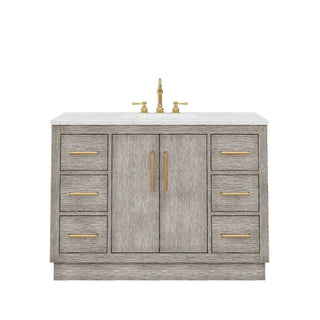 Water Creation Hugo 48 In. Carrara White Marble Countertop with Satin Gold Pulls and Knobs Vanity Hugo48InSGPK