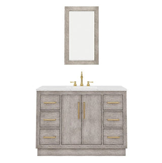 Water Creation Hugo 48 In. Carrara White Marble Countertop with Satin Gold Pulls and Knobs Vanity Hugo48InSGPK