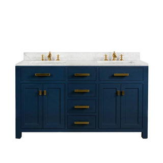 Water Creation Madison 60 In. Carrara White Marble Countertop with Satin Gold Pulls and Knobs Vanity Madison60In_MonarchBlue