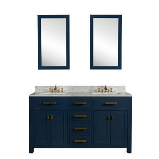 Water Creation Madison 60 In. Carrara White Marble Countertop with Satin Gold Pulls and Knobs Vanity Madison60In_MonarchBlue