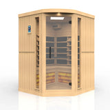 GOLDEN DESIGNS 3-PERSON CORNER FULL SPECTRUM PURETECH™ NEAR ZERO EMF FAR INFRARED SAUNA WITH HIMALAYAN SALT BAR (CANADIAN HEMLOCK) GDI-8035-02
