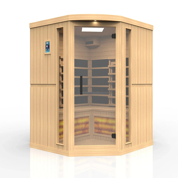 GOLDEN DESIGNS 3-PERSON CORNER FULL SPECTRUM PURETECH™ NEAR ZERO EMF FAR INFRARED SAUNA WITH HIMALAYAN SALT BAR (CANADIAN HEMLOCK) GDI-8035-02