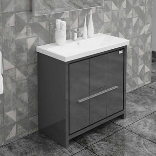Casa Mare Alessio 36" Glossy Gray Bathroom Vanity and Ceramic Sink Combo with LED Mirror