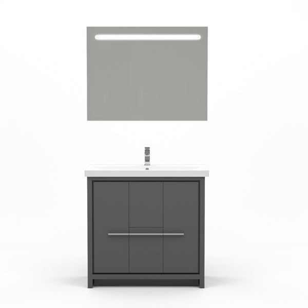 Casa Mare Alessio 36" Glossy Gray Bathroom Vanity and Ceramic Sink Combo with LED Mirror