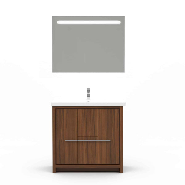 Casa Mare Alessio 36" Matte Walnut Bathroom Vanity and Ceramic Sink Combo with LED Mirror
