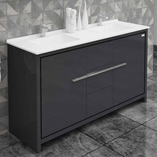 Casa Mare Alessio 60" Glossy Gray Bathroom Vanity and Ceramic Sink Combo with LED Mirror