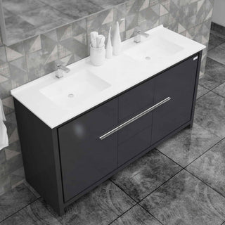 Casa Mare Alessio 60" Glossy Gray Bathroom Vanity and Ceramic Sink Combo with LED Mirror