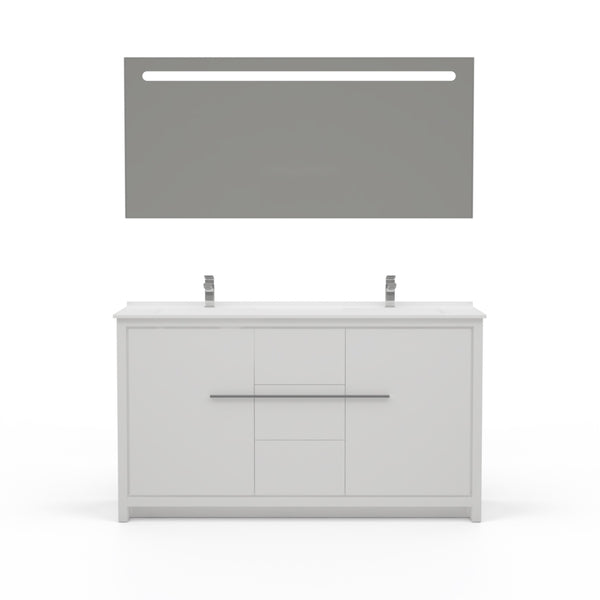 Casa Mare Alessio 60" Glossy White Bathroom Vanity and Ceramic Sink Combo with LED Mirror
