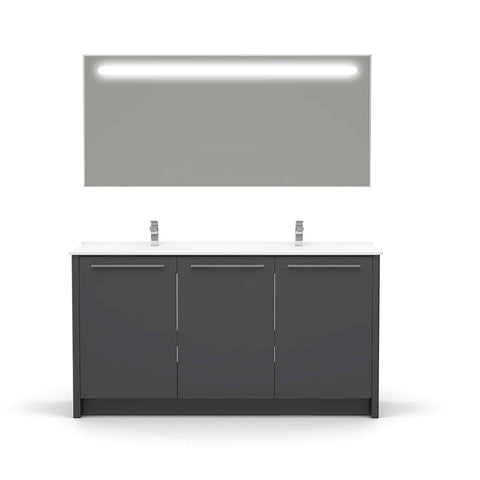 Casa Mare Benna 63" Glossy Gray Bathroom Vanity and Double Sink Combo with LED Mirror