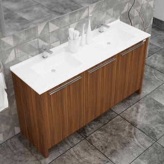 Casa Mare Benna 63" Matte Walnut Bathroom Vanity and Double Sink Combo with LED Mirror