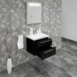 Casa Mare Elke 24" Glossy Black Bathroom Vanity and Ceramic Sink Combo with LED Mirror