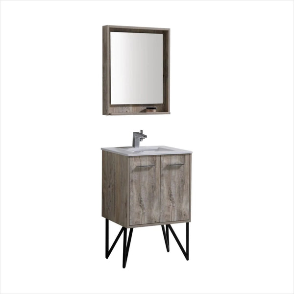 KubeBath Bosco 24" Nature Wood Modern Bathroom Vanity with Quartz Countertop and Matching Mirror KB24NW