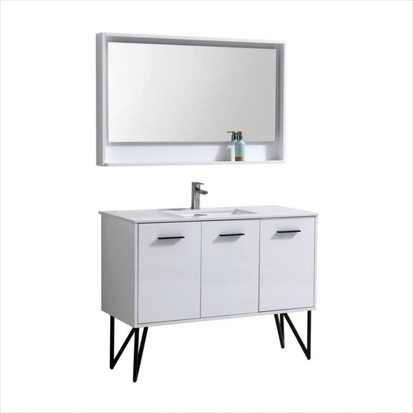 KubeBath Bosco 48" High Gloss White Modern Bathroom Vanity with Quartz Countertop and Matching Mirror KB48GW