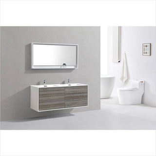 KubeBath DeLusso 60" Double Sink Ash Gray Wall Mount Modern Bathroom Vanity DL60D-HGASH