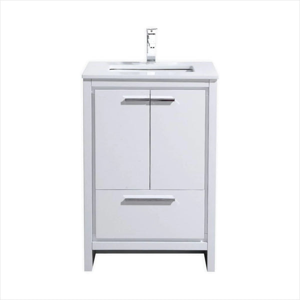KubeBath Dolce 24″ High Gloss White Modern Bathroom Vanity with White Quartz Countertop AD624GW