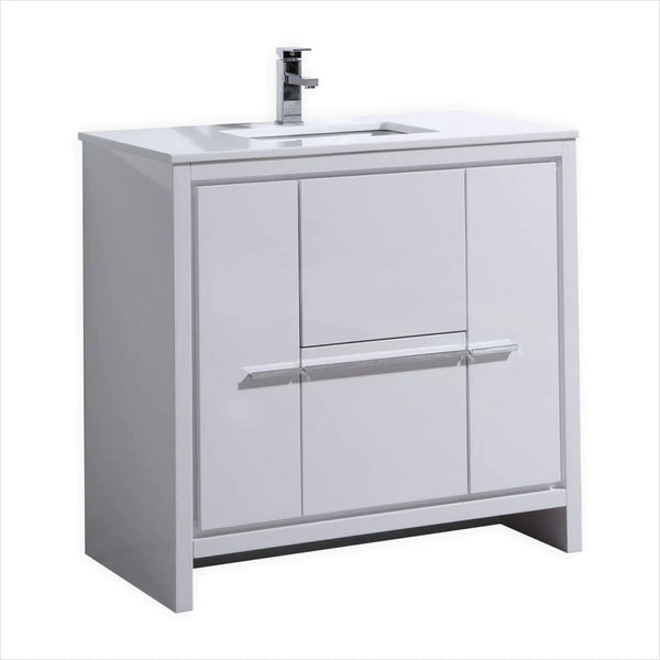 KubeBath Dolce 36″ High Gloss White Modern Bathroom Vanity with White Quartz Countertop AD636GW