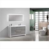 KubeBath Dolce 60″ Double Sink Ash Gray Modern Bathroom Vanity with White Quartz Countertop AD660DHG