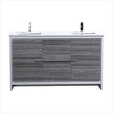 KubeBath Dolce 60″ Double Sink Ash Gray Modern Bathroom Vanity with White Quartz Countertop AD660DHG