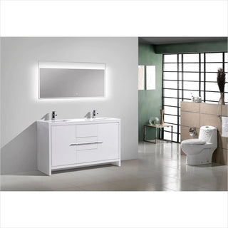KubeBath Dolce 60″ Double Sink High Gloss White Modern Bathroom Vanity with White Quartz Countertop AD660DGW